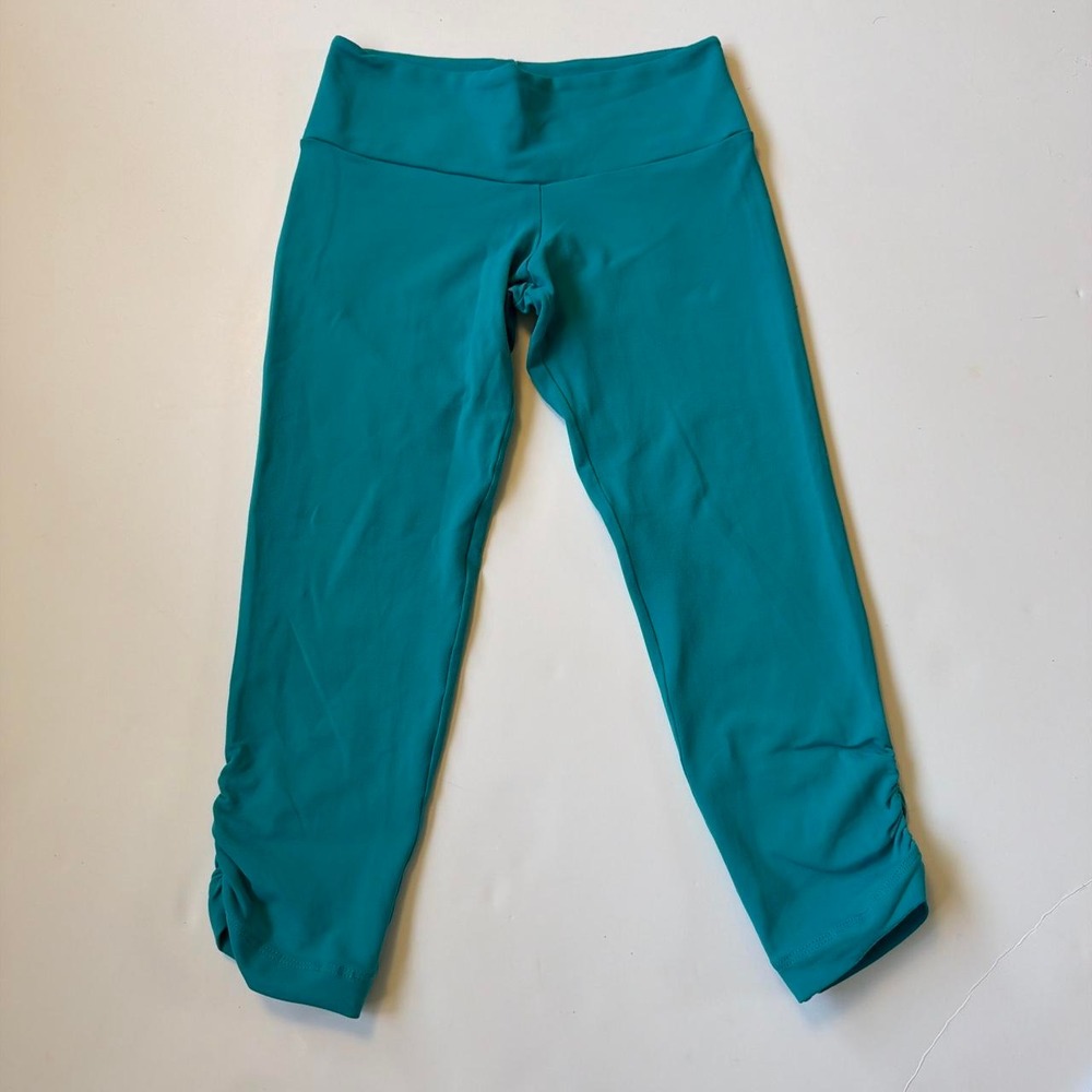 Elisabetta Rogiani Teal Low Rise Ruched Yoga Capris XS Aqua Blue Made in USA
